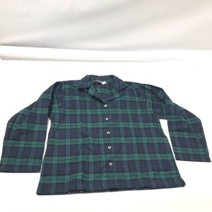 The Vermont Country Store Womens Flannel Pajama Shirt L Green Blue Button Up New